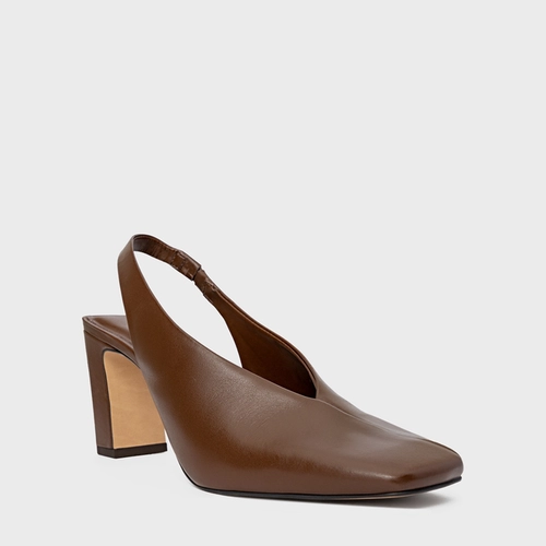 Scarpin Slingback Essential Salto Bloco Couro Marrom Brownie