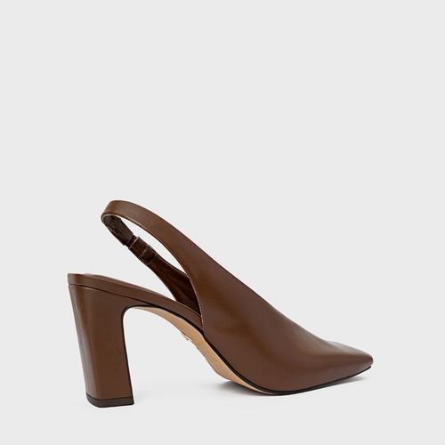 Scarpin Slingback Essential Salto Bloco Couro Marrom Brownie