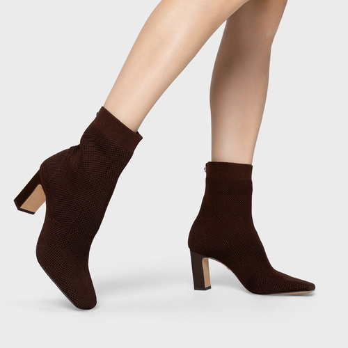 Bota Essential Salto Bloco Knit Marrom Dark Brown