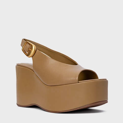 Sandália Bold Maxi Anabela Couro Bege Almond