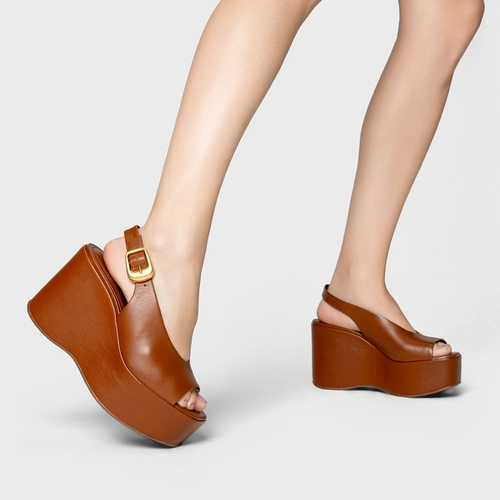 Sandália Bold Maxi Anabela Couro Marrom Ferrugem