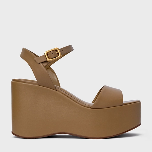 Sandália Maxi Anabela Couro Bege Almond