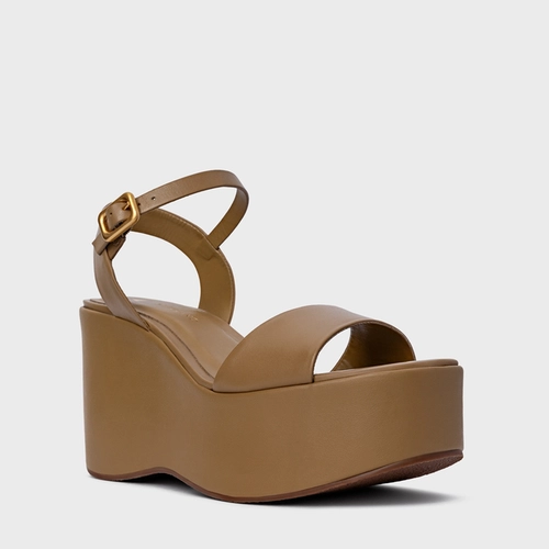 Sandália Maxi Anabela Couro Bege Almond