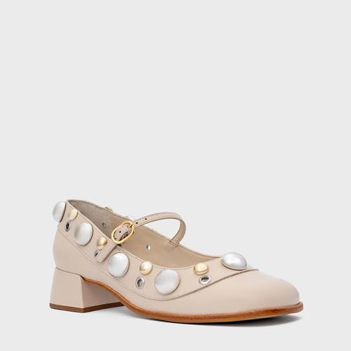 Scarpin Boneca Mixed Balls Salto Bloco Couro Off White Cotton