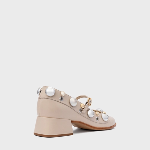 Scarpin Boneca Mixed Balls Salto Bloco Couro Off White Cotton