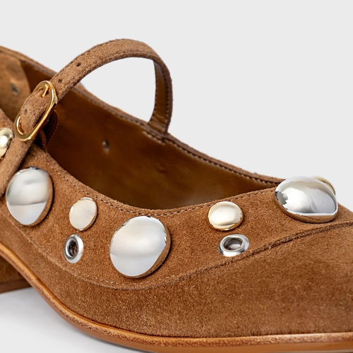 Scarpin Boneca Mixed Balls Salto Bloco Couro Suede Marrom Saddle