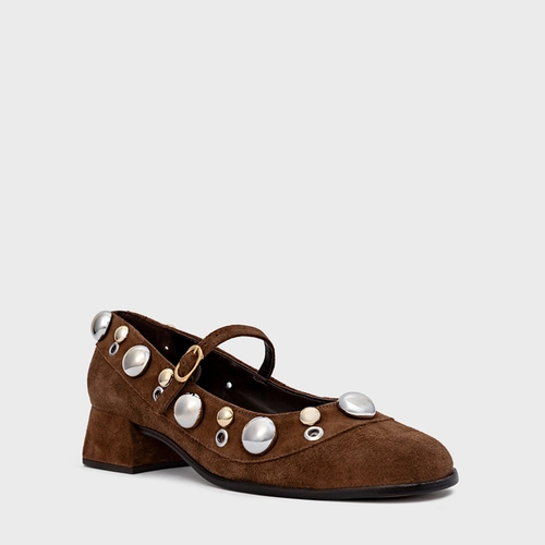 Scarpin Boneca Mixed Balls Salto Bloco Couro Suede Marrom Brownie