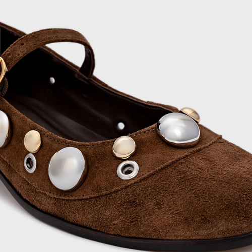 Scarpin Boneca Mixed Balls Salto Bloco Couro Suede Marrom Brownie