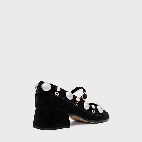 Scarpin Boneca Mixed Balls Salto Bloco Couro Suede Preto