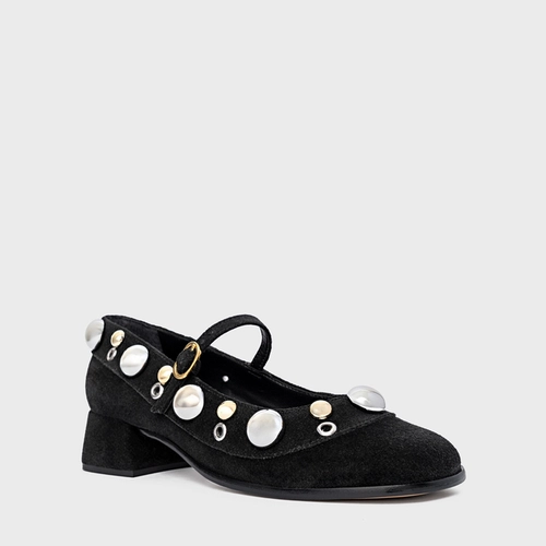 Scarpin Boneca Mixed Balls Salto Bloco Couro Suede Preto