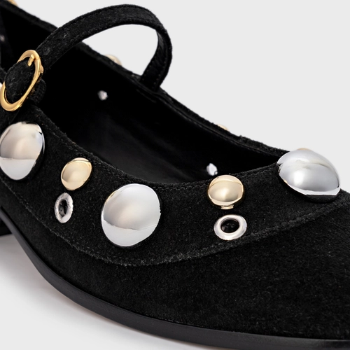 Scarpin Boneca Mixed Balls Salto Bloco Couro Suede Preto