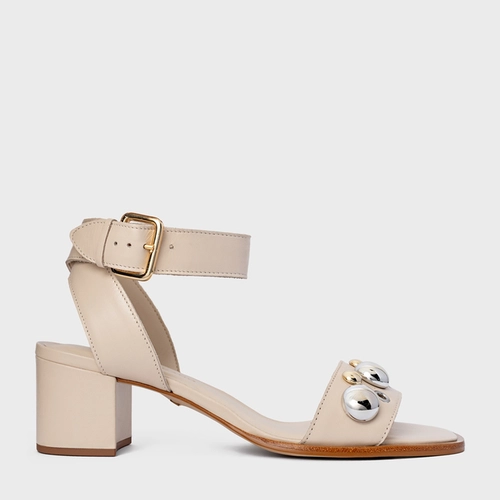 Sandália Mixed Balls Salto Bloco Couro Off White Cotton