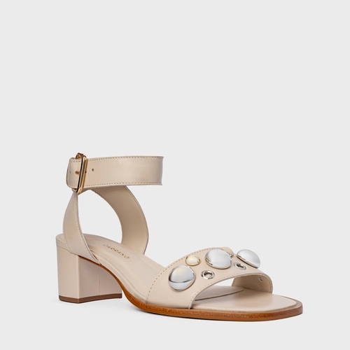 Sandália Mixed Balls Salto Bloco Couro Off White Cotton