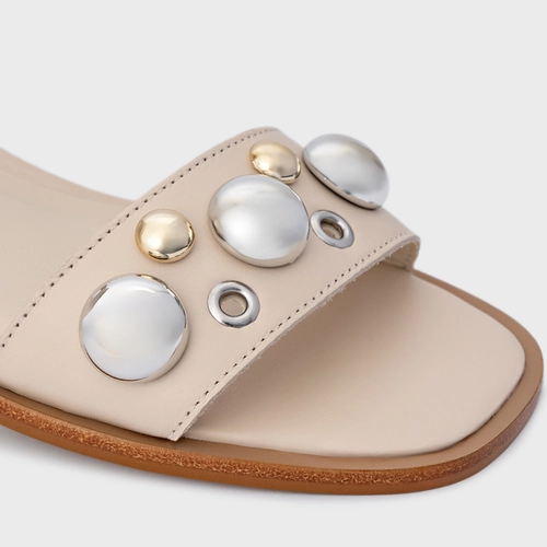 Sandália Mixed Balls Salto Bloco Couro Off White Cotton