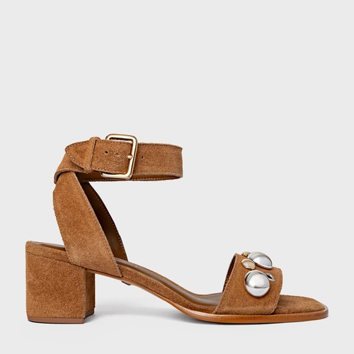 Sandália Mixed Balls Salto Bloco Couro Suede Marrom Saddle