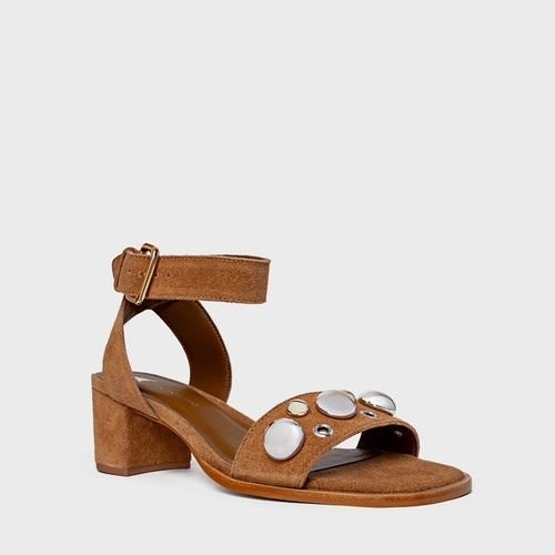 Sandália Mixed Balls Salto Bloco Couro Suede Marrom Saddle