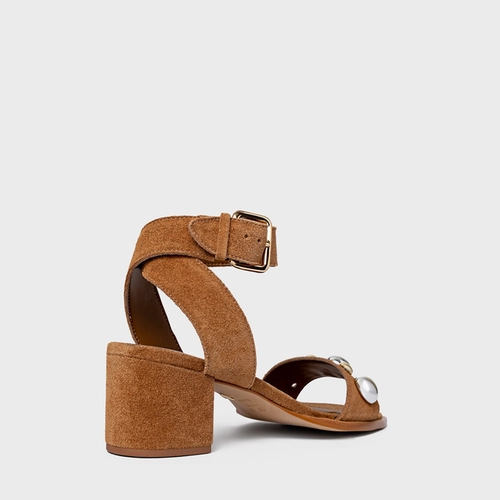 Sandália Mixed Balls Salto Bloco Couro Suede Marrom Saddle