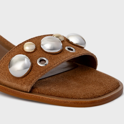 Sandália Mixed Balls Salto Bloco Couro Suede Marrom Saddle