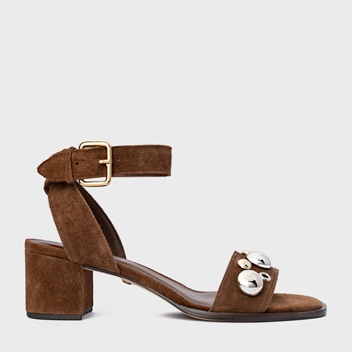 Sandália Mixed Balls Salto Bloco Couro Suede Marrom Brownie