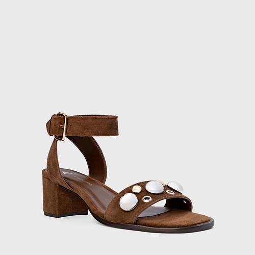 Sandália Mixed Balls Salto Bloco Couro Suede Marrom Brownie