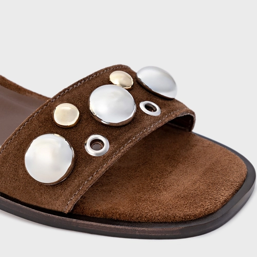 Sandália Mixed Balls Salto Bloco Couro Suede Marrom Brownie