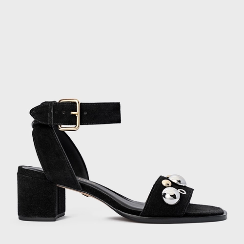 Sandália Mixed Balls Salto Bloco Couro Suede Preto