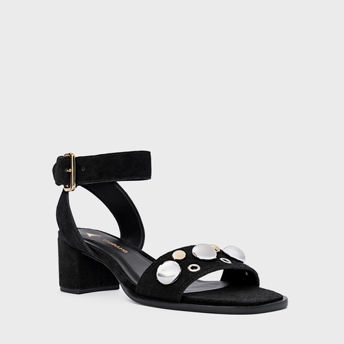 Sandália Mixed Balls Salto Bloco Couro Suede Preto