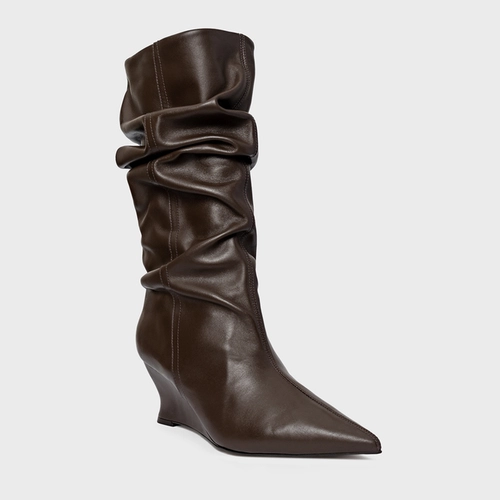 Bota Slouchy Anabela Slim Couro Marrom Dark Brown