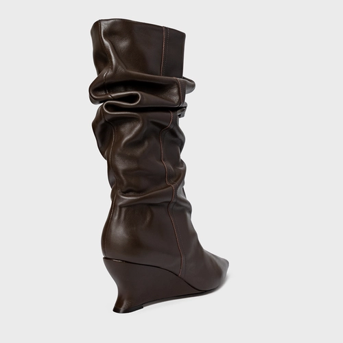 Bota Slouchy Anabela Slim Couro Marrom Dark Brown