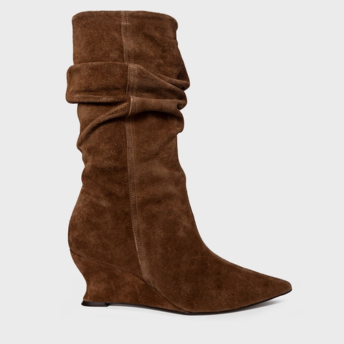 Bota Slouchy Anabela Slim Couro Suede Marrom Brownie