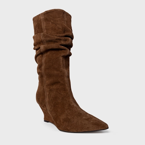 Bota Slouchy Anabela Slim Couro Suede Marrom Brownie