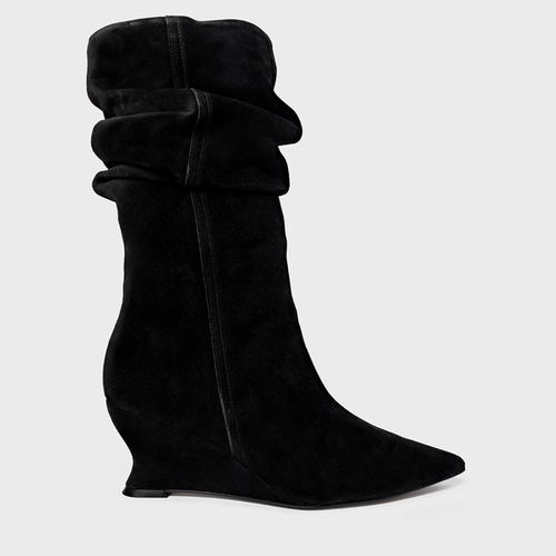Bota Slouchy Anabela Slim Couro Suede Preto