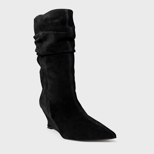 Bota Slouchy Anabela Slim Couro Suede Preto