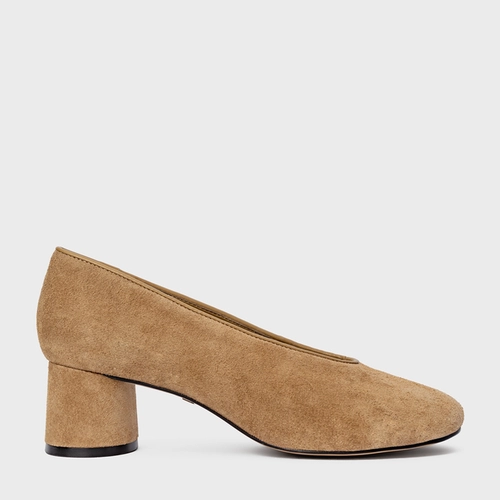 Scarpin Salto Oval Couro Suede Bege Almond