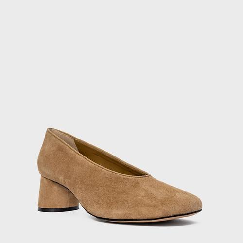Scarpin Salto Oval Couro Suede Bege Almond