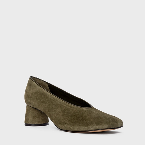 Scarpin Salto Oval Couro Suede Verde Army Green