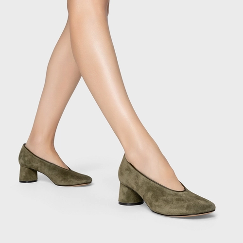 Scarpin Salto Oval Couro Suede Verde Army Green