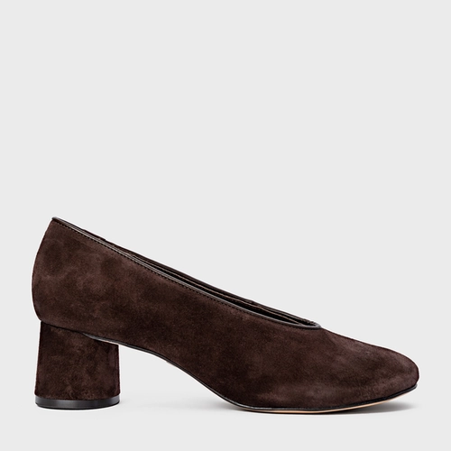 Scarpin Salto Oval Couro Suede Marrom Ganache