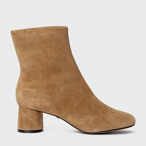 Bota Salto Oval Couro Suede Bege Almond