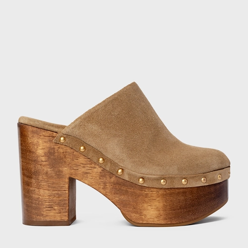 Mule Plataforma Wood Studs Couro Suede Bege Almond