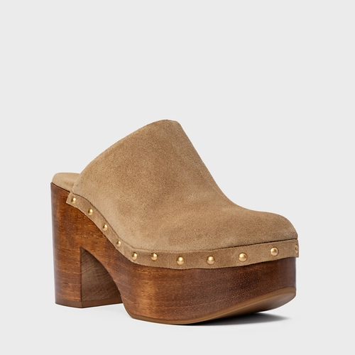 Mule Plataforma Wood Studs Couro Suede Bege Almond