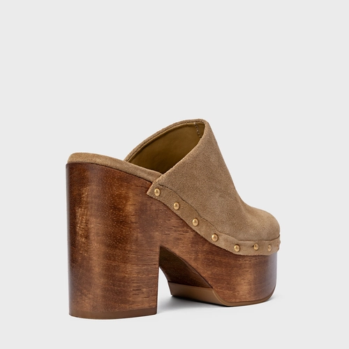 Mule Plataforma Wood Studs Couro Suede Bege Almond