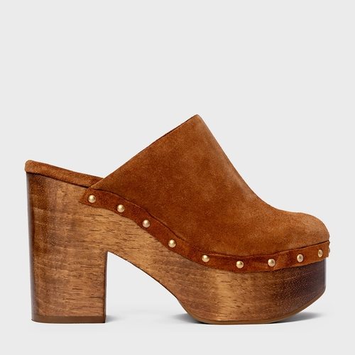 Mule Plataforma Wood Studs Couro Suede Marrom Ferrugem