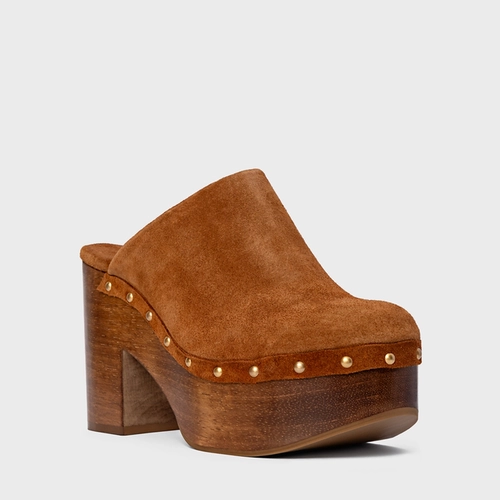 Mule Plataforma Wood Studs Couro Suede Marrom Ferrugem