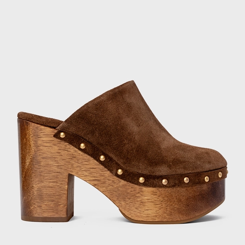 Mule Plataforma Wood Studs Couro Suede Marrom Brownie