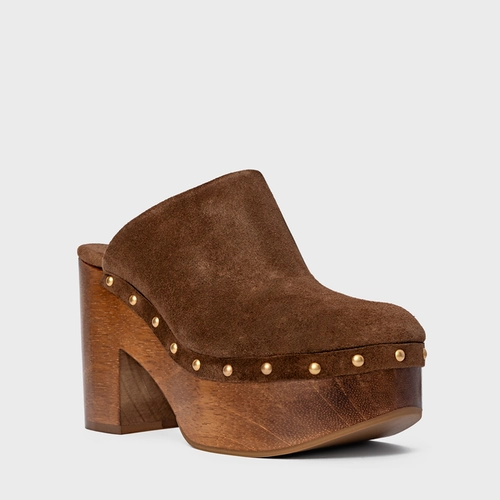 Mule Plataforma Wood Studs Couro Suede Marrom Brownie