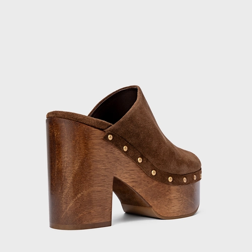 Mule Plataforma Wood Studs Couro Suede Marrom Brownie