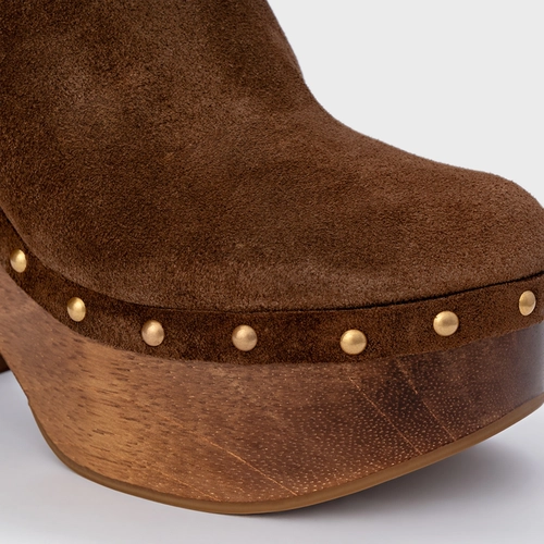 Mule Plataforma Wood Studs Couro Suede Marrom Brownie