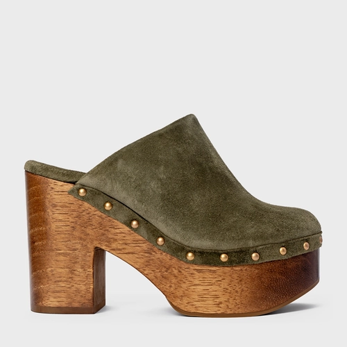 Mule Plataforma Wood Studs Couro Suede Verde Army Green