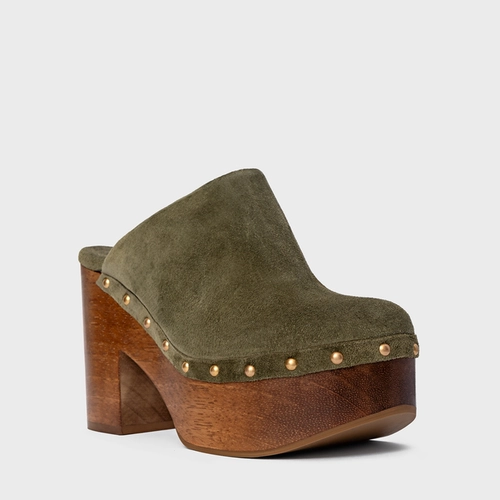 Mule Plataforma Wood Studs Couro Suede Verde Army Green